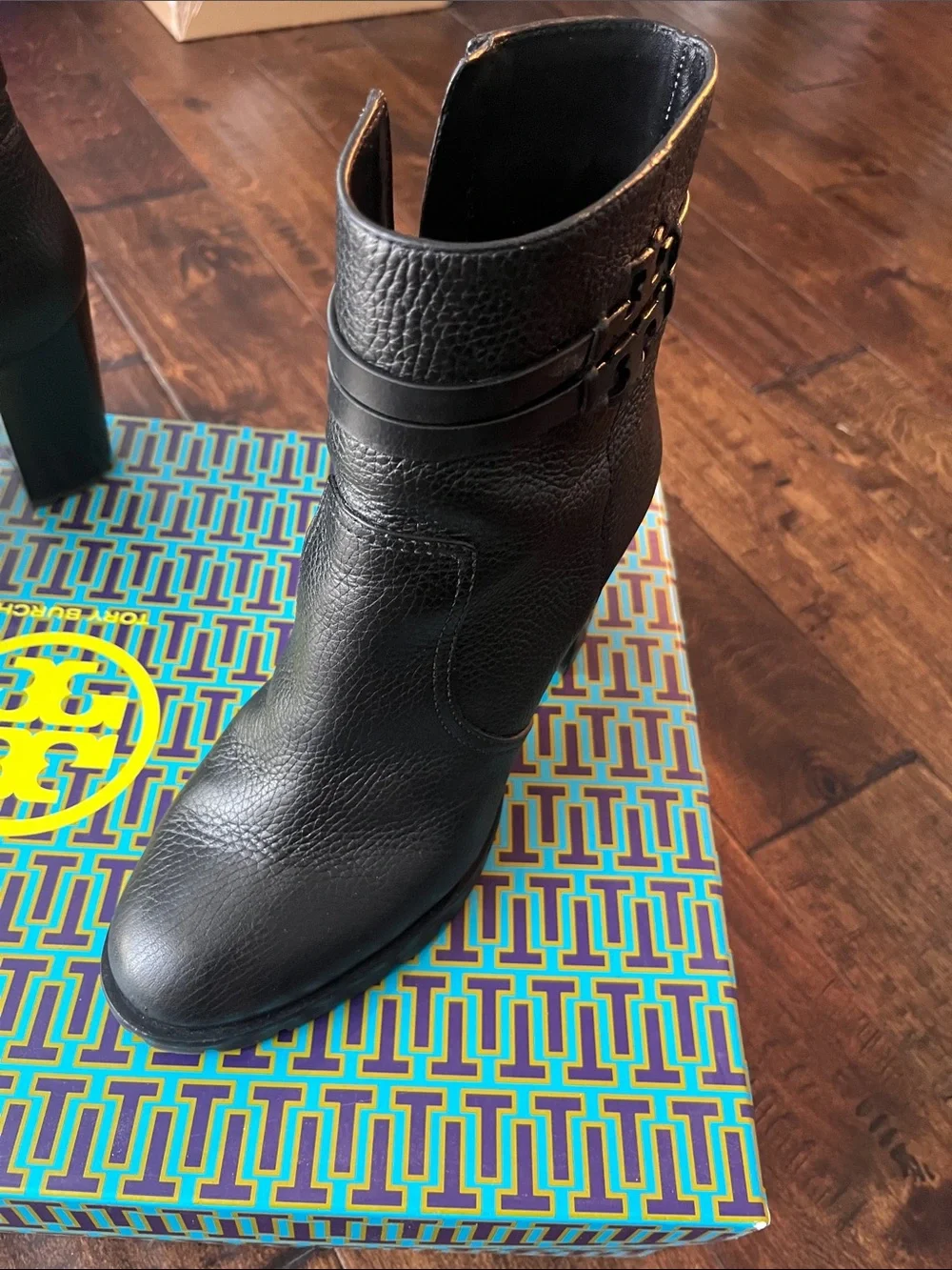 Tory Burch Black Leather Block Heel Ankle Boots with Side Zip